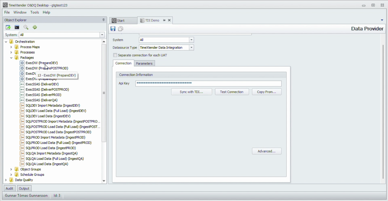 Object Explorer listing the same five packages once per environment, with the environment name in brackets after each