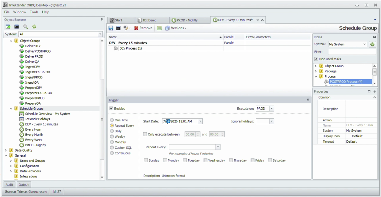 A schedule group named DEV - Every 15 minutes, containing DEV Process, with Execute on set to PROD