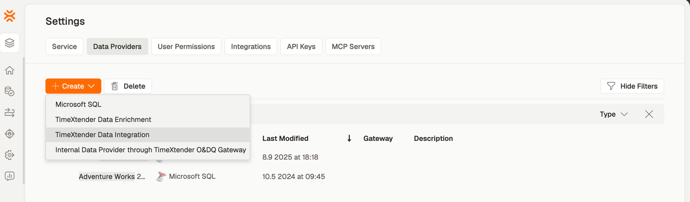The Data Providers tab in Settings with the Create menu open on TimeXtender Data Integration
