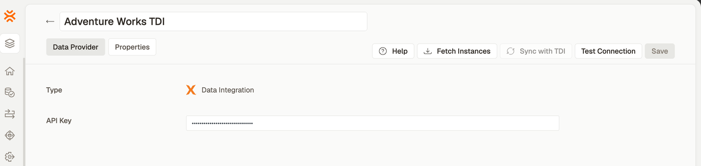 A TDI data provider with its API key filled in and Fetch Instances available in the header