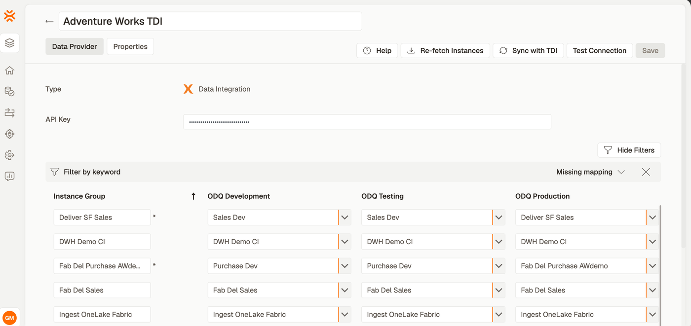 The mapping grid with Instance Group, ODQ Development, ODQ Testing and ODQ Production columns, a keyword filter and a Missing mapping filter