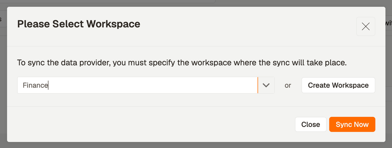 The Please Select Workspace dialog with a workspace dropdown, a Create Workspace button and a Sync Now button