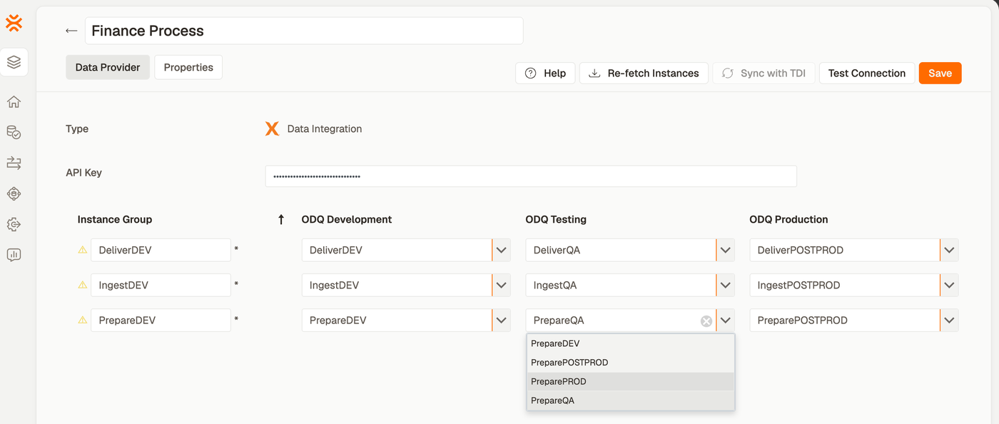 Three instance groups, each marked with a warning triangle, with all three ODQ columns filled and a dropdown open listing four available instances for one group
